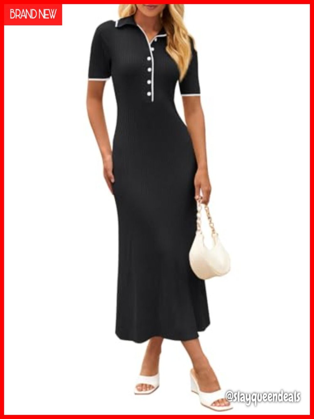 Womens Sweater Dress Maxi Bodycon V-Neck Short Sleeve Button Front Knit Work